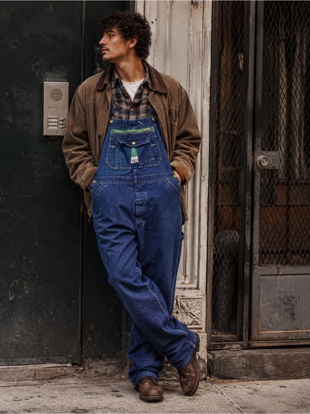 Classic Blue Denim Overalls with Green Accent